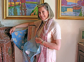 Marnie de Vanssay choosing fabrics for the chteau.  Photo copyright Count and Countess de Vanssay.  All rights reserved.