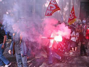 Manifestants with Flares, Narbonne.  Copyright 2010 Marlane O'Neill.  All rights reserved.