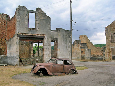 Oradour sur Glane and doctor's car.  Wikipedia