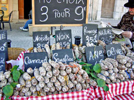 Sausages for sale, including those made with sanglier meat